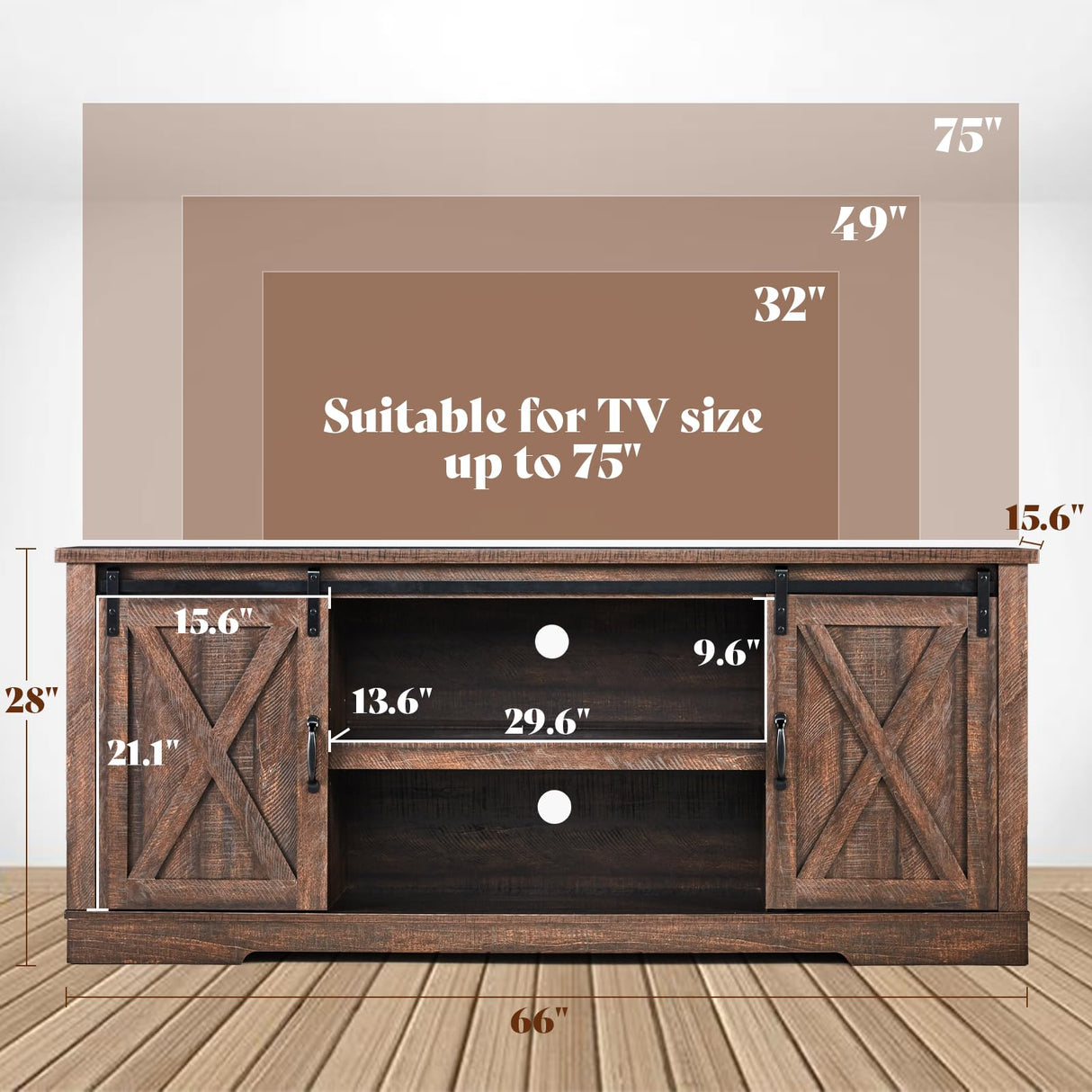 AMERLIFE 66" Farmhouse TV Stand for 75 Inches TVs, Entertainment Center with Sliding Barn Door and Adjustable Shelf & Feet, Console Table with Storage, Reclaimed Barnwood AMERLIFE