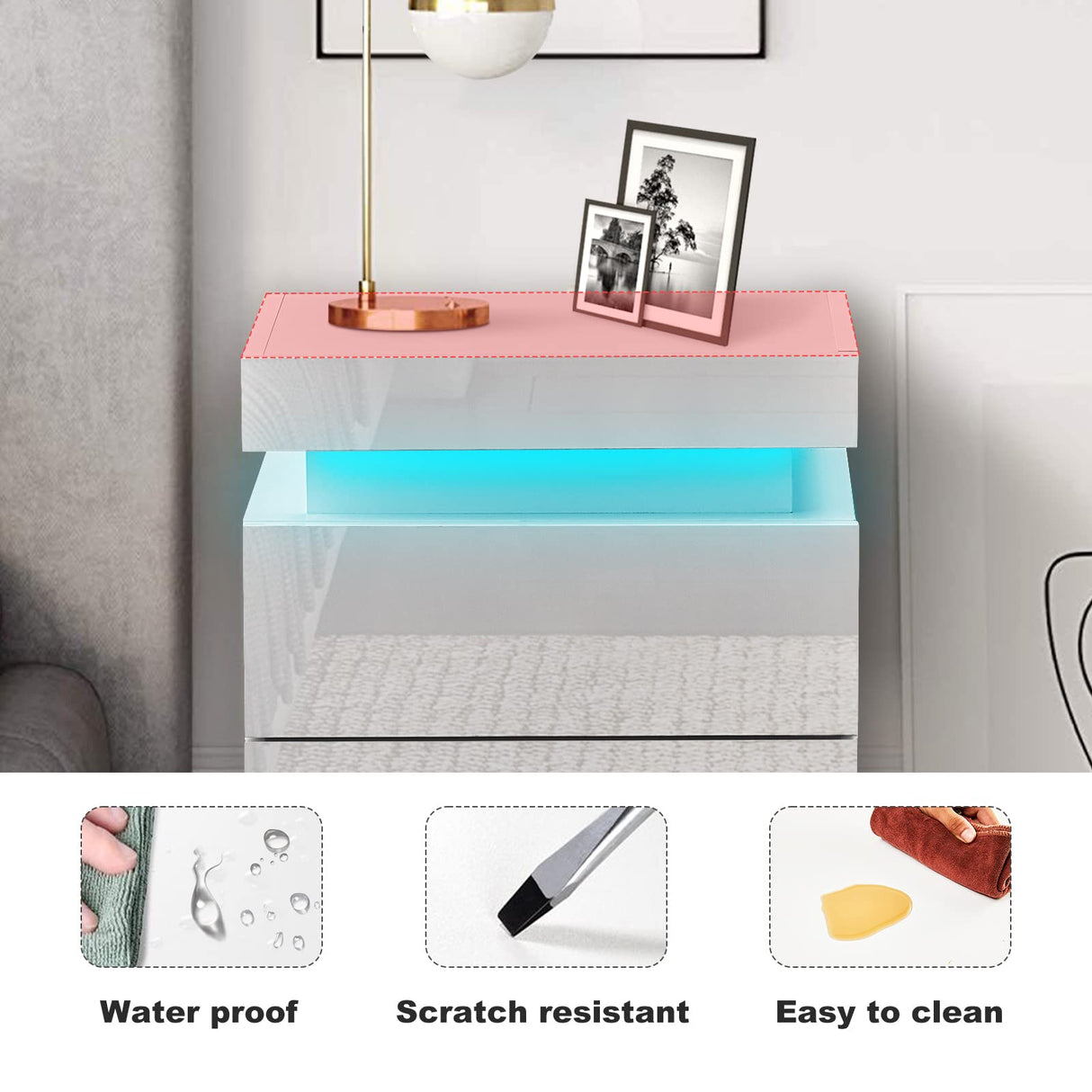 CLIPOP Modern Nightstand Set of 2, LED Night Stand with 3 High Gloss Chest of Drawers, Bedside Table Cabinet with Remote Control Lights, Wood Matte Nightstand 21.6" Tall Bedroom Furniture, White CLIPOP