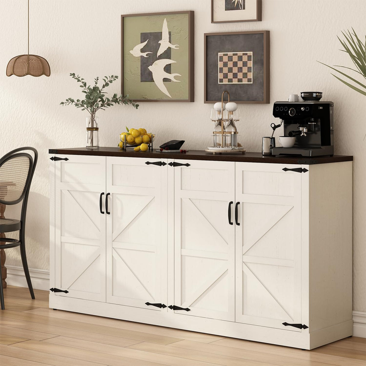 Sideboard Buffet Cabinet with Storage - 65’’ Large Farmhouse Buffet Table Coffee Bar Cabinets, Modern Accent Cabinet with Adjustable Shelf and 4 Doors, for Kitchen, Dining Room, Living Room, White chartustriable