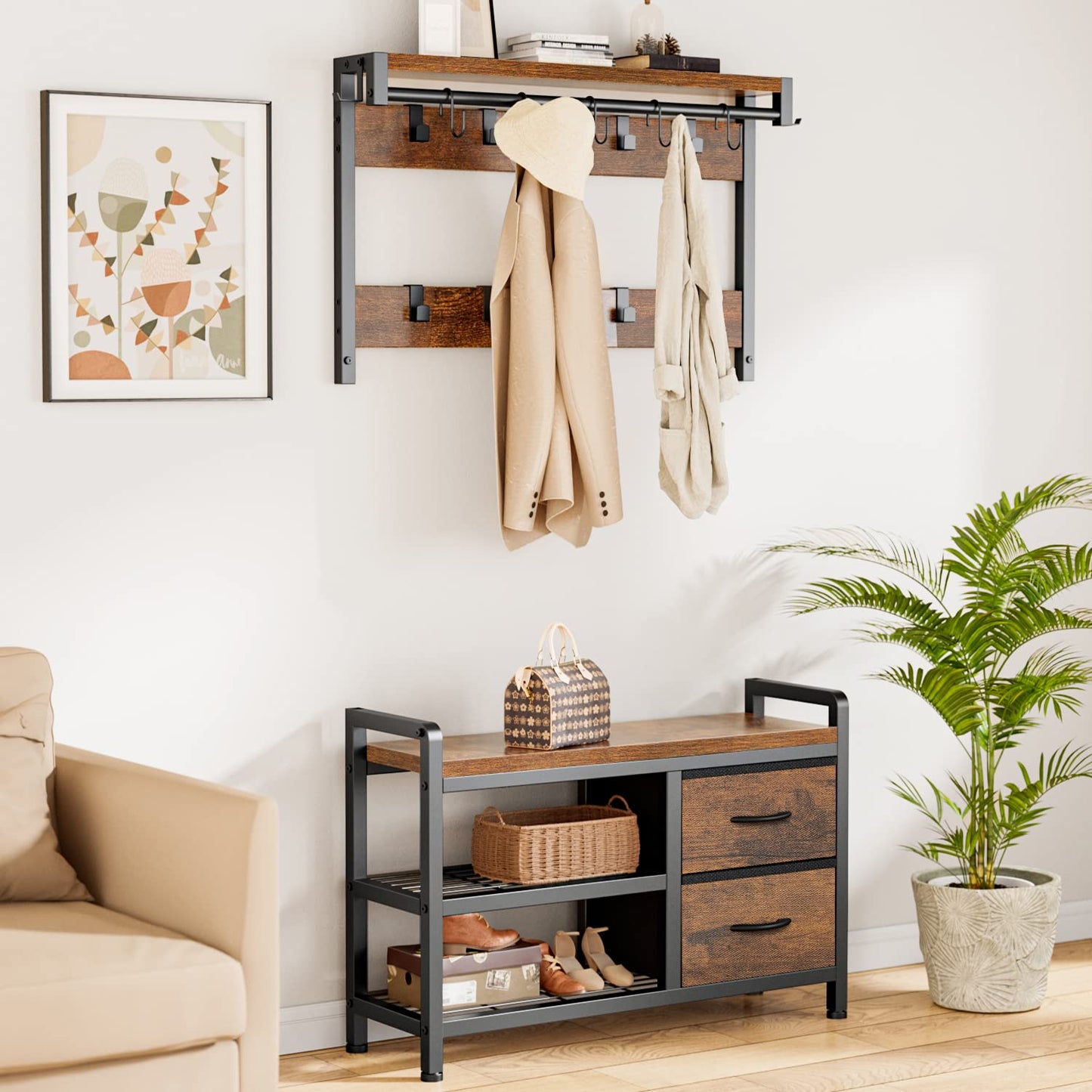 Lulive Hall Tree, 31.5” Entryway Bench with Coat Rack freestanding, 5 in 1 Intelligent Design Shoe Bench and Wall Rack 17 Hooks and Drawers (Rustic Brown) - WoodArtSupply