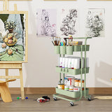 3 Tier Rolling Cart with Metal Handle, Table Top, Hanging Cups, Hooks, Plastic Storage Baskets& Wheels Lockable, Utility Cart for Bathroom Classroom Office Kitchen Pantry Organizers and Storage, Green NRSUEN