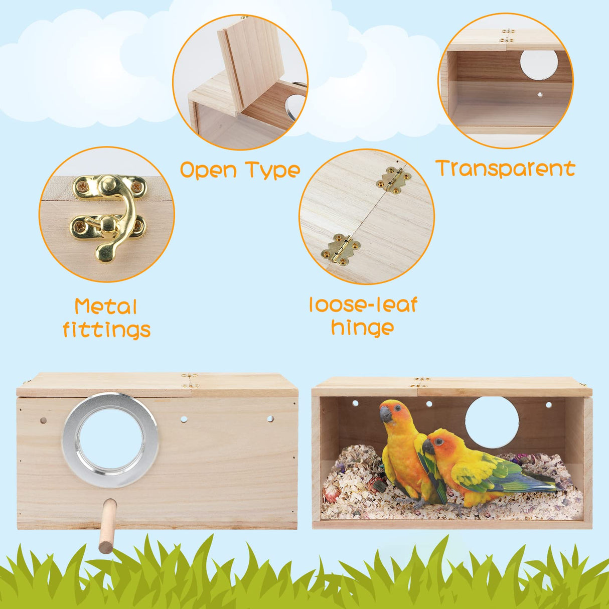 Rypet Parakeet Nesting Box Transparent Design, Thwartwise Bird Nest Breeding Box with Perch Wood Bird Cage House for Cockatiel Lovebirds Budgie Finch Parrotlets Canary M Rypet