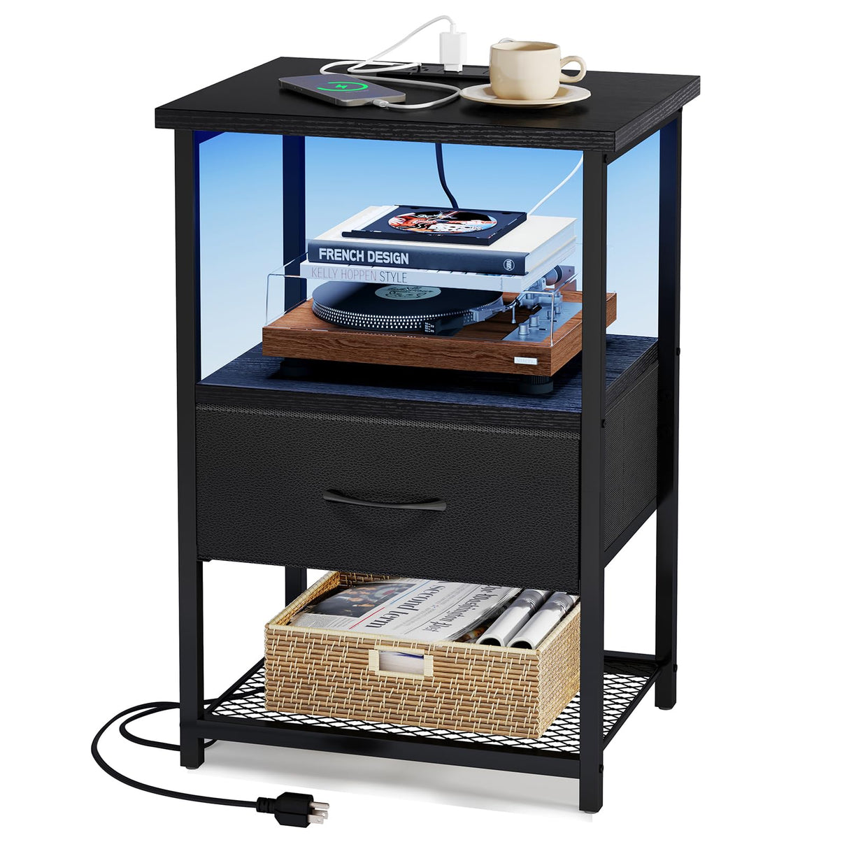 Fixwal Night Stand with Charging Station, LED Nightstand with Fabric Drawers, End Table with PU Finish, Bedside Table, Black Fixwal