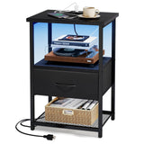 Fixwal Night Stand with Charging Station, LED Nightstand with Fabric Drawers, End Table with PU Finish, Bedside Table, Black Fixwal