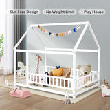 LLS Full Size White Montessori House Bed Frame with Roof and Safety Fence LLS