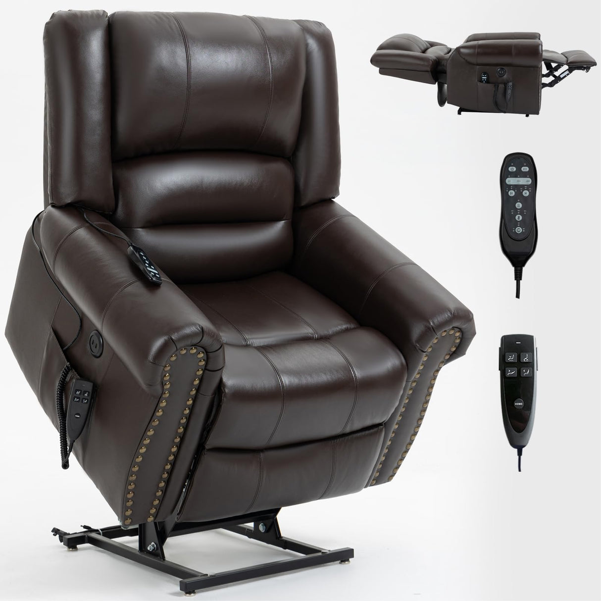 Dual Motor Power Lift Chair, Lay Flat Recliner Chair, Electric Recliner with Massage and Heat for Elderly, Remote Control, Infinite Position, Standing Assistance, USB Ports, Genuine Leather, Brown Trustyue