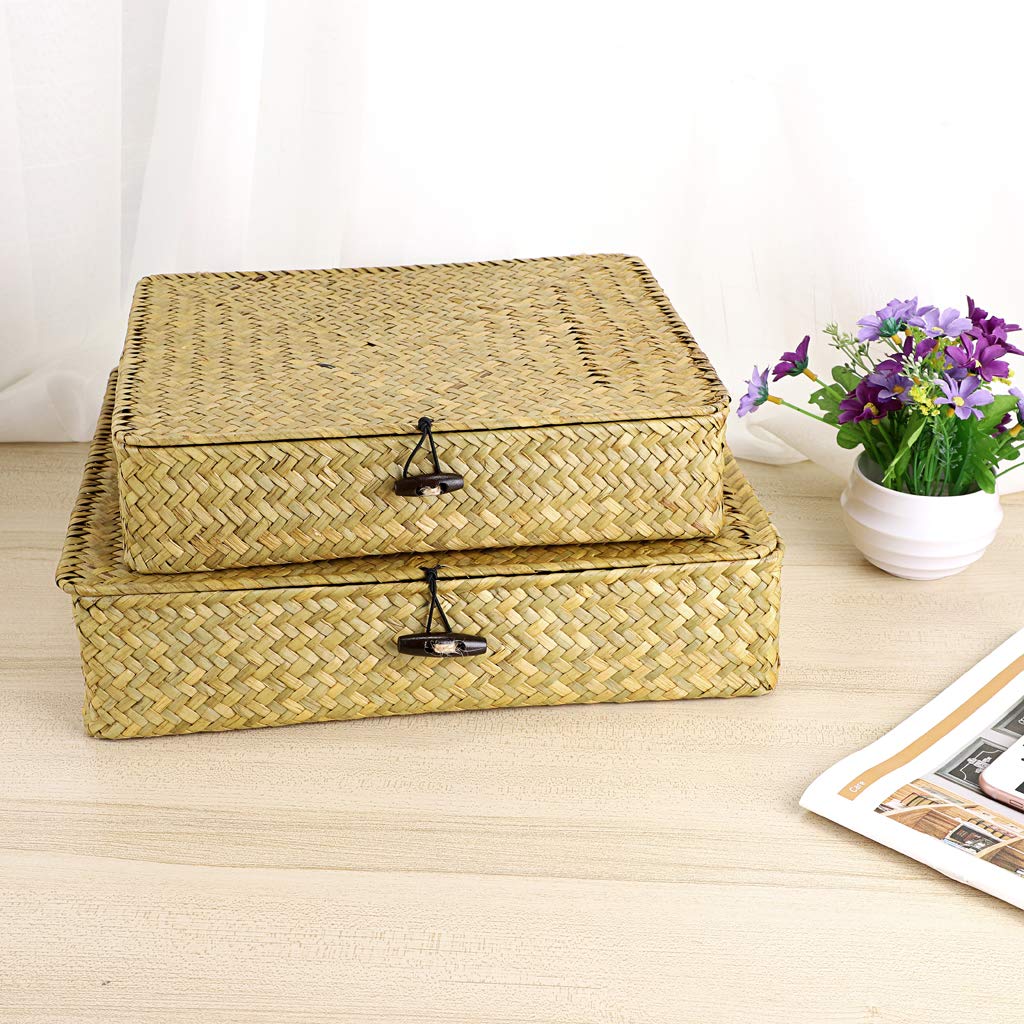Hipiwe Natural Seagrass Storage Bins with Lid, Woven Wicker Basket Boxes Home Organizer Bins Shelf Organizer Box,Set of 2 Hipiwe
