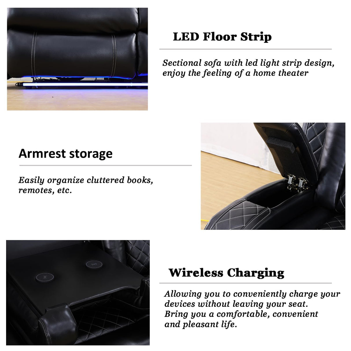 A Ainehome Power Recliner Set, Leather Sectional Sofa Set for Living Room, Home Theater, with LED Lights, Cup Holder, Hide-Away Storage, Wireless Charging(A-Black) A Ainehome