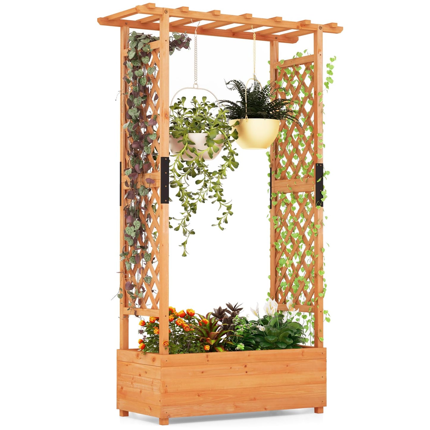 S AFSTAR 72-Inch Raised Garden Bed with Arch Trellis, Hanging Roof & Drainage Holes, Vertical Plant Container for Vine Climbing Plant Flower, Indoor Outdoor Wood Elevated Planter Box for Gard - WoodArtSupply