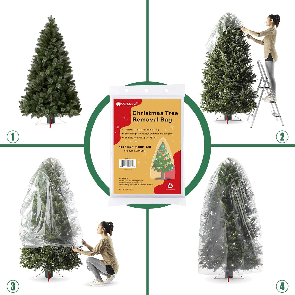 VICMORE Clear Christmas Tree Removal Bag 144-Inch Circumference by 108-Inch Tall Christmas Tree Storage Bag Tree Disposal Bag Suitable for Trees up to 9 Feet Tall VICMORE