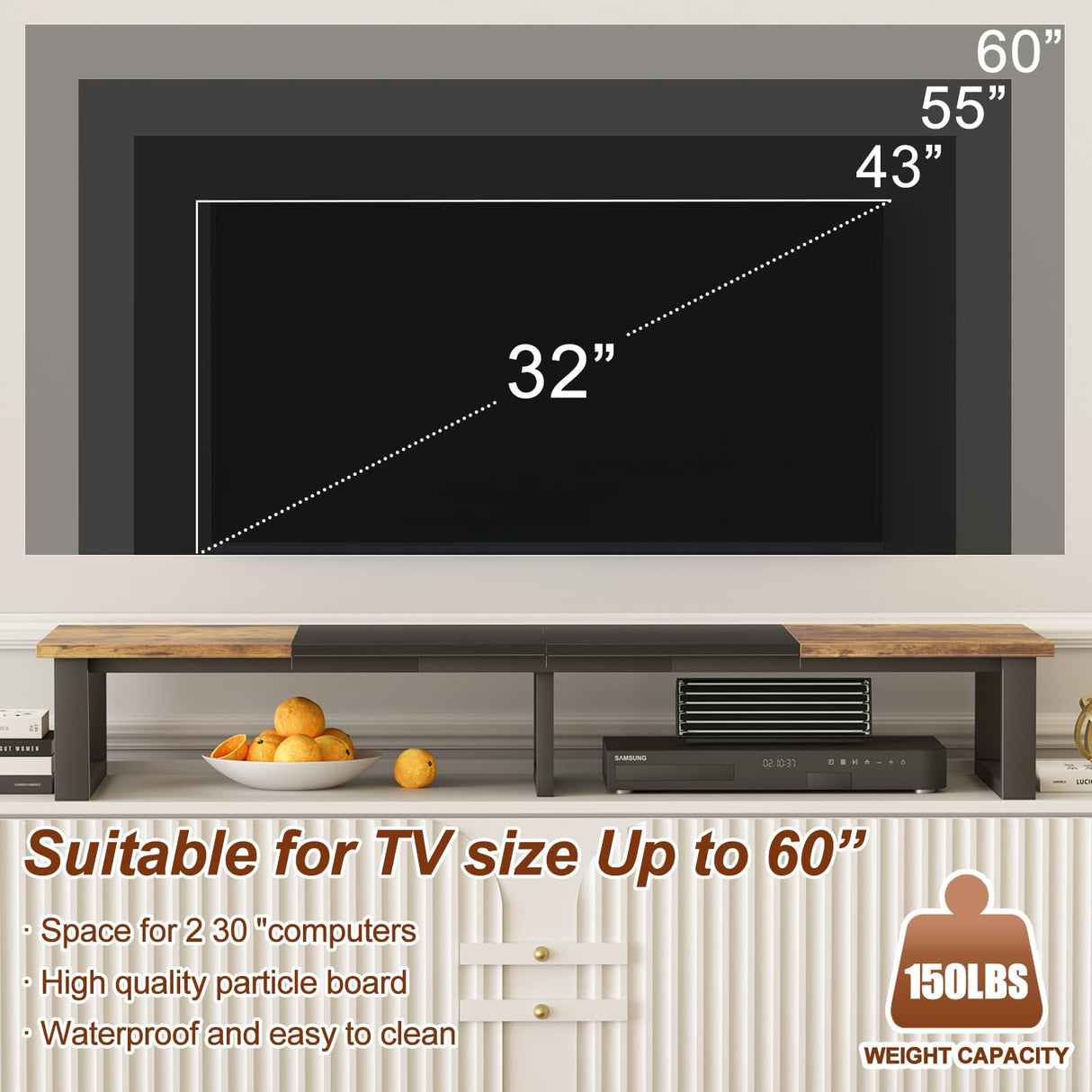 aboxoo 47" Large TV Riser for 32-60 inch TV, TV Riser Stand Shelf with Steel Legs,Tabletop TV Stand Riser for Home Office,Computer Monitor Stand Desktop Storage Stand (Rustic Brown & Black) aboxoo
