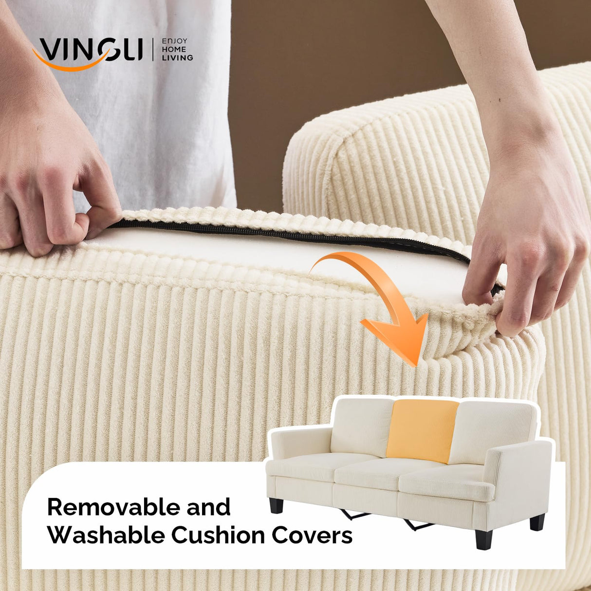 VINGLI Beige 83" Sofa Couches for Living Room, Corduroy Modern Comfy 3 Seater Couch 25.6" Deep Seat Upholstery Cozy Sofas for Small Space, Bedroom, Apartment, Home Office VINGLI