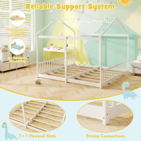 KOMFOTT Double Twin Floor House Bed, House Platform Beds for 2 Kids, Double Montessori Floor Bed with Safety Guardrails, No Box Spring Needed, Wooden Slat Supported Twin Floor Bed (White) KOMFOTT