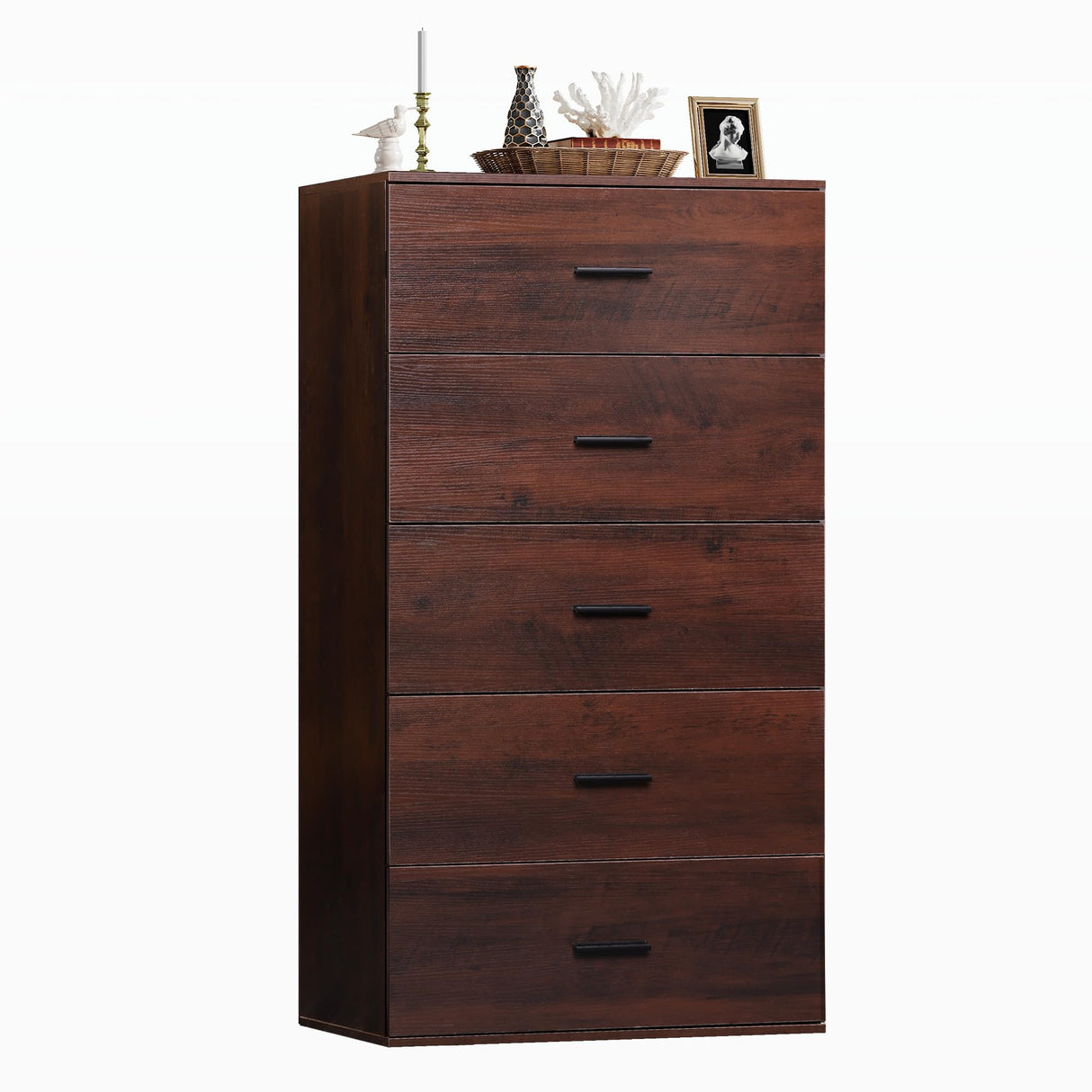 WLIVE Tall Dresser for Bedroom, Wood Chest of Drawers with Mental Handles, Brown Bedroom Dresser with 5 Drawers, Modern Minimalist Closet Store Organizer for Living Room, Hallway WLIVE
