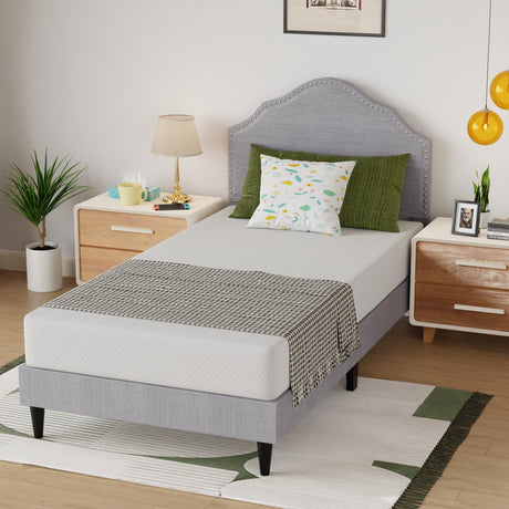 PayLessHere Upholstered Twin Platform Bed Frame Mattress Foundation with Fabric Headboard and Wooden Slats Support, Fully Upholstered No Box Spring Needed Non-Slip and Noise-Free PayLessHere