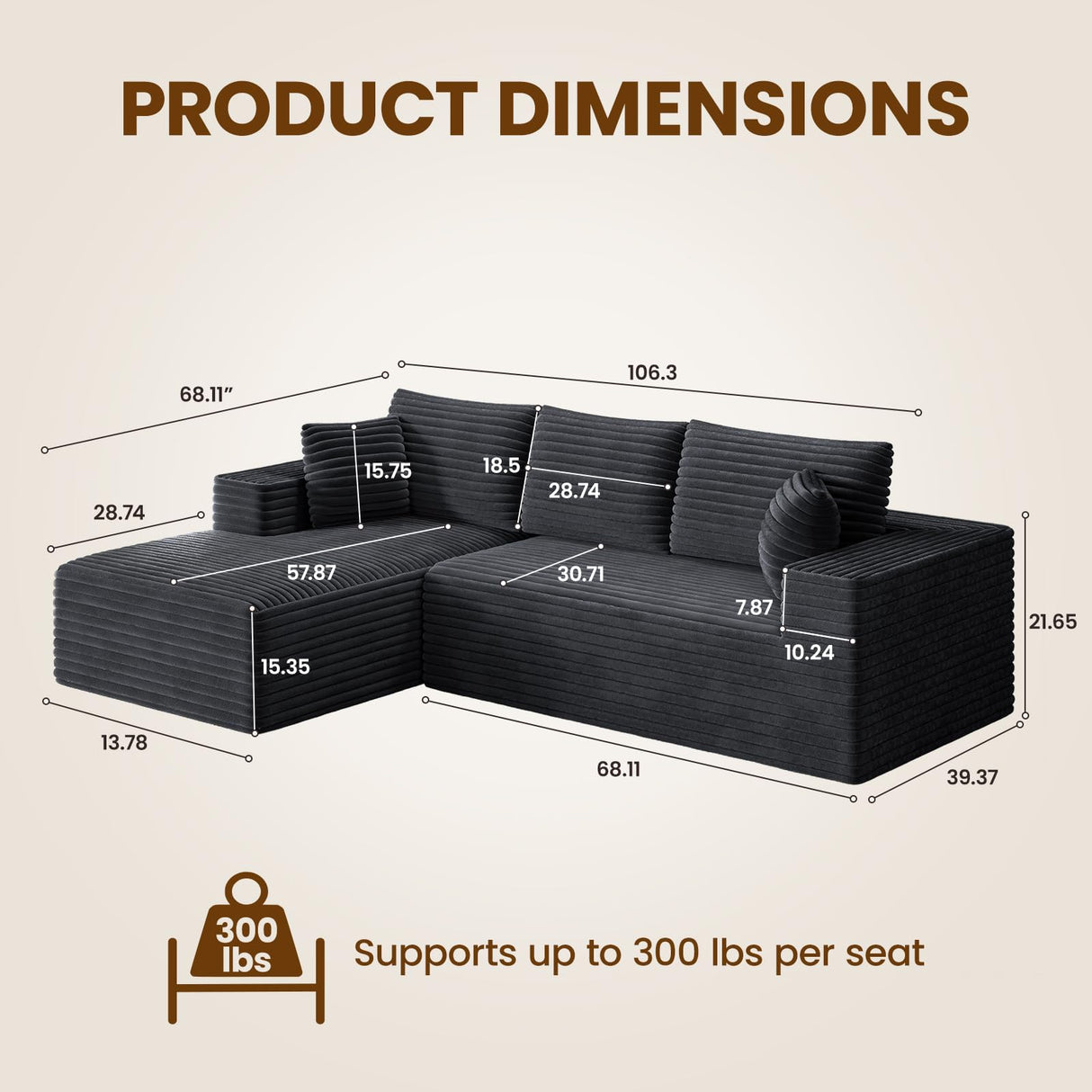 RRESTA 97" Cloud Modular Sectional Sofa, L-Shaped Couch with Left-Facing Chaise, Extra Deep-Seat Plush Corduroy, Comfy Fluffy Cushions, Side Pockets, Black, No Assembly Required, for Living Room RRESTA