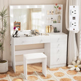VOWNER Vanity with Lights - 47" Makeup Vanity Desk with Glass Top, 6 Drawers, 3 Storage Shelves and Outlet, 3 Color Lighting Modes with Adjustable Brightness, Makeup Desk with Stool for Bedroom, White VOWNER