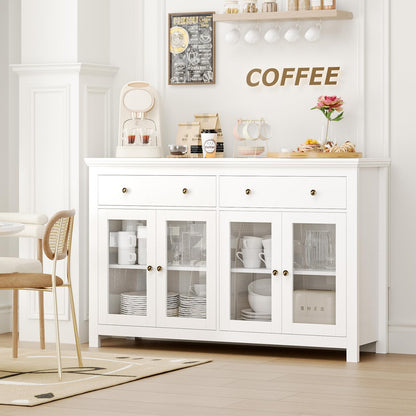 FOTOSOK Sideboard Buffet Cabinet with Storage, 55" Large Sideboard Cabinet with 2 Drawers and 4 Doors, Modern Kitchen Cabinet with Glass Doors, Coffee Bar Cabinet Buffet Table for Dining Room