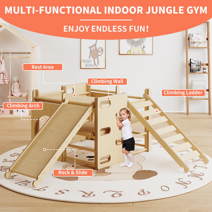 DEYGIA 7-in-1 Indoor Jungle Gym, Wooden Indoor Playground for Kids 1-3, Toddler Playground with Climbing Arch, Ladder, Rock and Slide, Montessori Climbing Set Play Gym - Wood