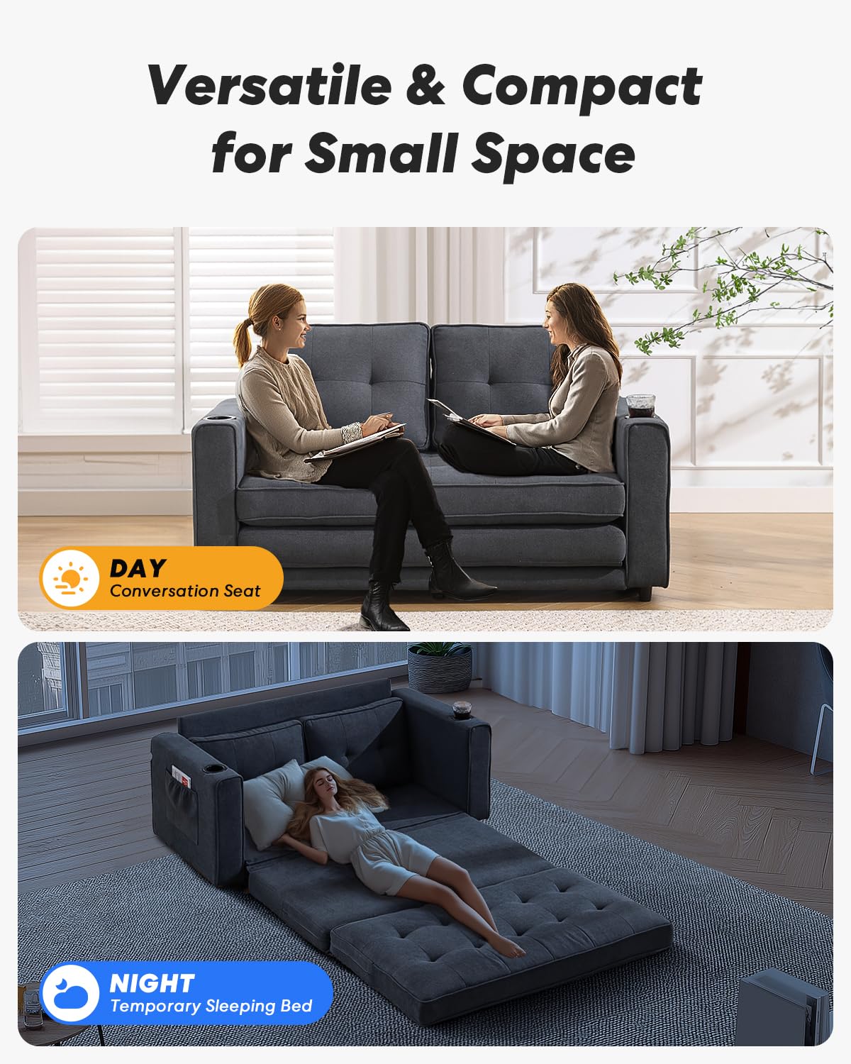 Miscoos 55" Folding Floor Sofa Chair Bed-Convertible Pull Out Sofa Bed, Futon Armchair Bed, Foldable Loveseat Sleeper, Floor Gaming Couch Bed Chair with Cup Holder for Small Space Dorm Apartment