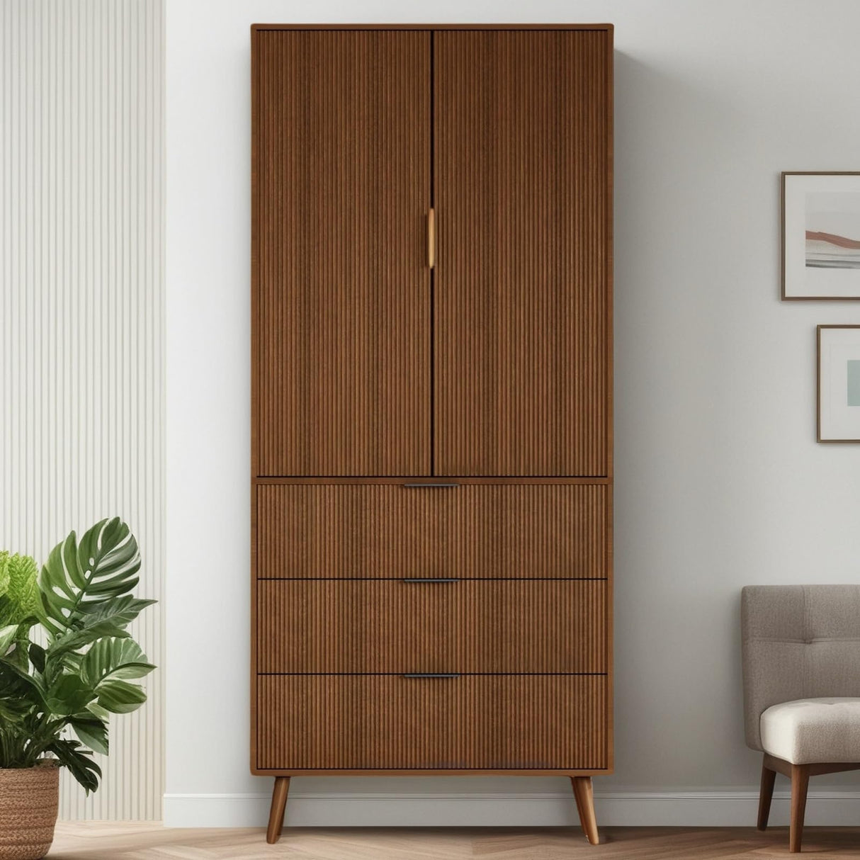 FONTOI Storage Cabinet, Kitchen Pantry Storage Cabinet with 3 Drawers 2 Doors, Wood Cupboard with Adjustable Shelves & Fluted Panel Design, Tall Home Storage for Living Room, Kitchen, Walnut FONTOI