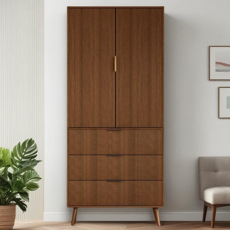 FONTOI Storage Cabinet, Kitchen Pantry Storage Cabinet with 3 Drawers 2 Doors, Wood Cupboard with Adjustable Shelves & Fluted Panel Design, Tall Home Storage for Living Room, Kitchen, Walnut FONTOI