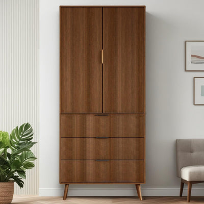 FONTOI Storage Cabinet, Kitchen Pantry Storage Cabinet with 3 Drawers 2 Doors, Wood Cupboard with Adjustable Shelves & Fluted Panel Design, Tall Home Storage for Living Room, Kitchen, Walnut