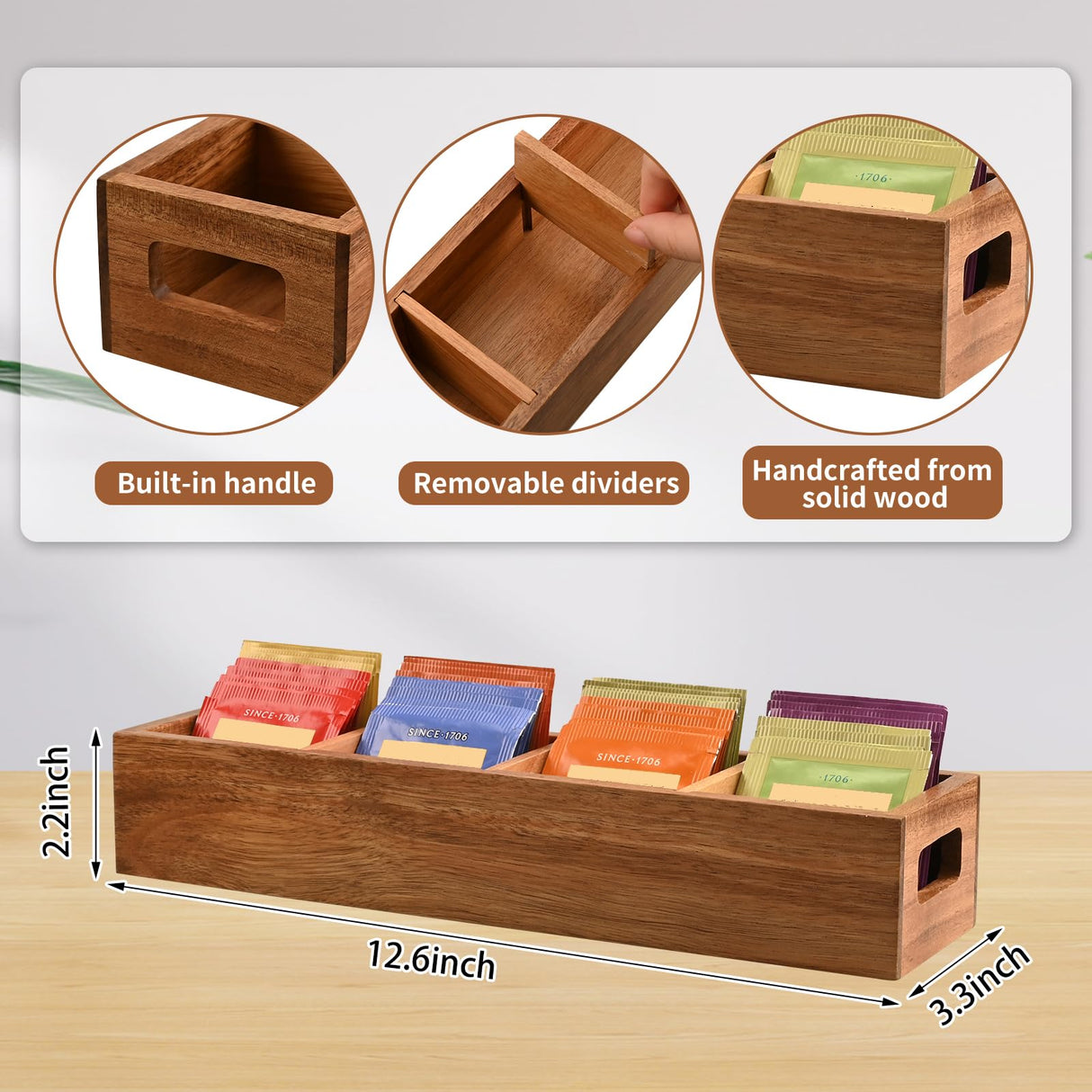 Chicvilla Acacia Wood Tea Bag Organizer with 4 Slots – Tea Bag Holder and Tea Organizer, Sugar Packet Storage for Countertops Chicvilla