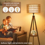 LAMSU Boho Tripod Floor Lamps for Living Room, Rattan Wood Floor Lamp with Fabric Shades, Mid Century Standing Lamp with Shelf, Foot Switch, Modern Farmhouse Tall Lamps for Bedroom Office Brown LAMSU