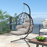Jadoxy Hanging Egg Chair with Leg Rest, Indoor/Outdoor Swing Egg Chair Hammock Basket Seat Chair with Cushion for Porch Balcony Garden Patio (Ribbon+Rattan, Black+Grey White) Jadoxy