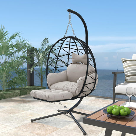 Jadoxy Hanging Egg Chair with Leg Rest, Indoor/Outdoor Swing Egg Chair Hammock Basket Seat Chair with Cushion for Porch Balcony Garden Patio (Ribbon+Rattan, Black+Grey White) Jadoxy