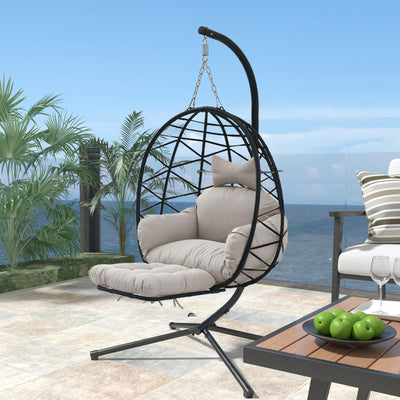 Jadoxy Hanging Egg Chair with Leg Rest, Indoor/Outdoor Swing Egg Chair Hammock Basket Seat Chair with Cushion for Porch Balcony Garden Patio (Ribbon+Rattan, Black+Grey White)