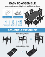 YEFU HIPS Patio Table Set: 7 Piece Outdoor Table and Chairs Dining Furniture Set with Umbrella Hole - Black Modern Plastic Dining Sets 6 Person for Outside Deck with Metal Aluminum Frame YEFU