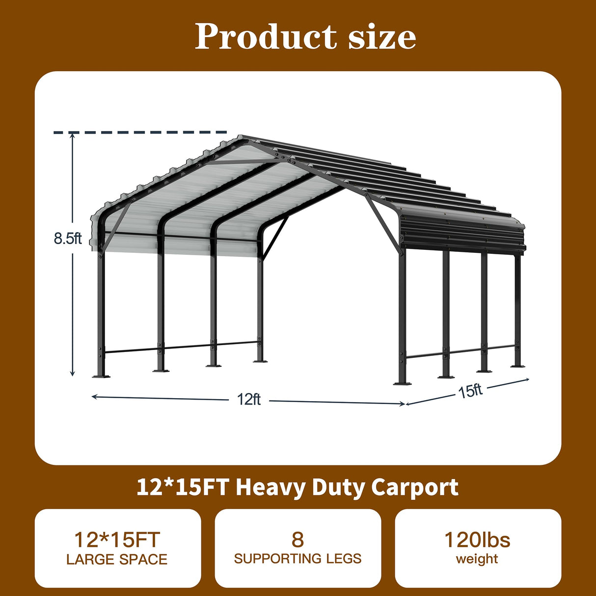 Walsunny Metal Carport 12x15 FT Heavy Duty Carport Canopy with Enhanced Base, Outdoor Car Shelter with Galvanized Steel Roof and Frame Garage for Truck, SUV, Boat, Gray Walsunny