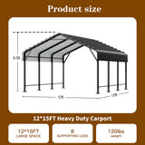 Walsunny Metal Carport 12x15 FT Heavy Duty Carport Canopy with Enhanced Base, Outdoor Car Shelter with Galvanized Steel Roof and Frame Garage for Truck, SUV, Boat, Gray Walsunny