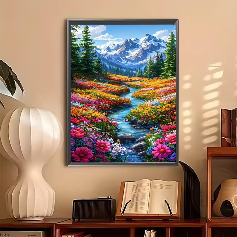 BOHADIY 5D Diamond Art Painting Kits for Adults, Snowy Mountain Art Kits for Beginner,DIY River Flower Full Round Gem Crystal Art Paint by Diamond Home Wall Decor12X16inch BOHADIY