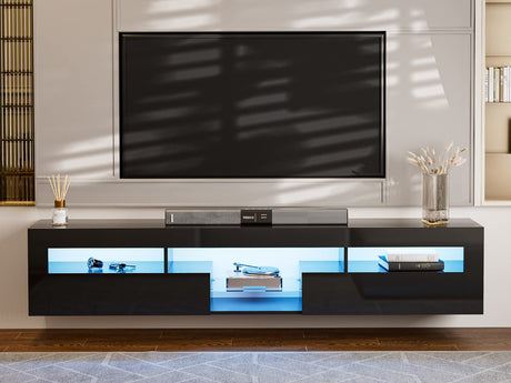 AOVSA LED Floating TV Stand for 85 Inch TV, Black High Glossy Wall Mounted Haning TV Stand with Cabinets, Entertainment Center Console Shelf for Living Room AOVSA