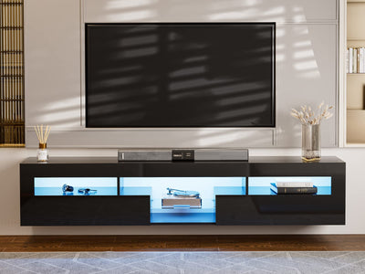 AOVSA LED Floating TV Stand for 85 Inch TV, Black High Glossy Wall Mounted Haning TV Stand with Cabinets, Entertainment Center Console Shelf for Living Room