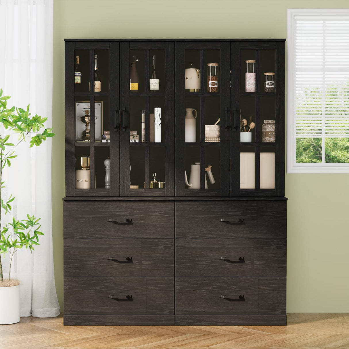 VOWNER TV Stand for TVs up to 75", 4-Piece TV Hutch with Cabinets, Entertainment Center with Bookshelves, Modular TV Console for Living Room, 2C+2H (Black, 111.12" W) VOWNER