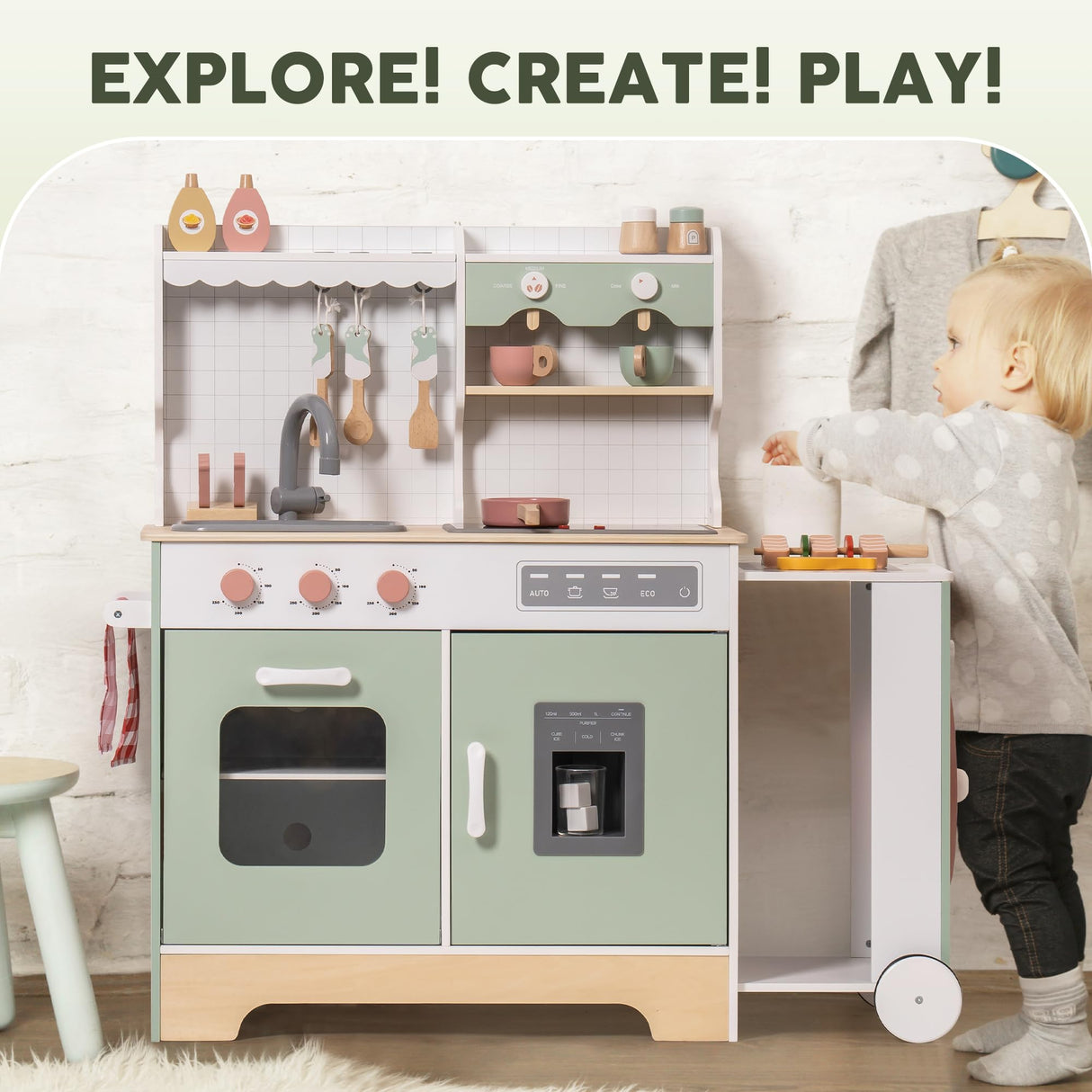 ROBUD Wooden Play Kitchen Set for Kids Toddlers, Pretend Kitchen Playset with BBQ Grill, Ice Maker, Coffee Machine, and Accessories, Toy Kitchen Gift with Lights & Sounds for Girls & Boys, Age 3+ ROBUD