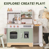ROBUD Wooden Play Kitchen Set for Kids Toddlers, Pretend Kitchen Playset with BBQ Grill, Ice Maker, Coffee Machine, and Accessories, Toy Kitchen Gift with Lights & Sounds for Girls & Boys, Age 3+ ROBUD