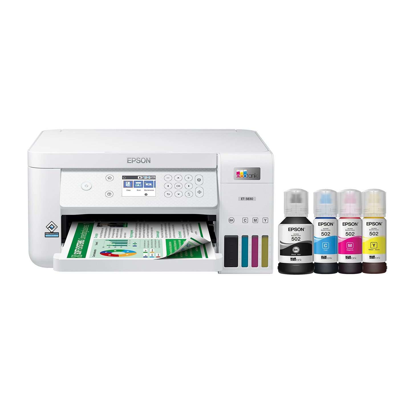 Epson EcoTank ET-3830 Wireless Color All-in-One Cartridge-Free Supertank Printer with Scan, Copy, Auto 2-Sided Printing and Ethernet – The Perfect Printer Productive Families,White