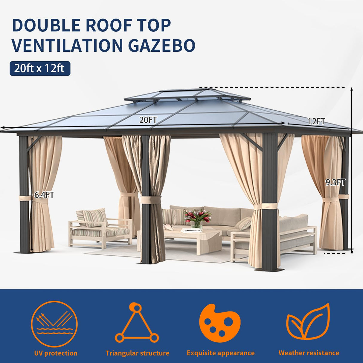 Jolydale 12FTx20FT Hardtop Gazebo, Outdoor Polycarbonate Double Top Canopy, Aluminum Frame Permanent Pavilion with Netting and Curtains, Sunshade for Patio, Garden, Lawns Jolydale