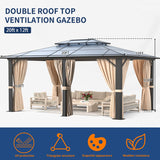 Jolydale 12FTx20FT Hardtop Gazebo, Outdoor Polycarbonate Double Top Canopy, Aluminum Frame Permanent Pavilion with Netting and Curtains, Sunshade for Patio, Garden, Lawns Jolydale