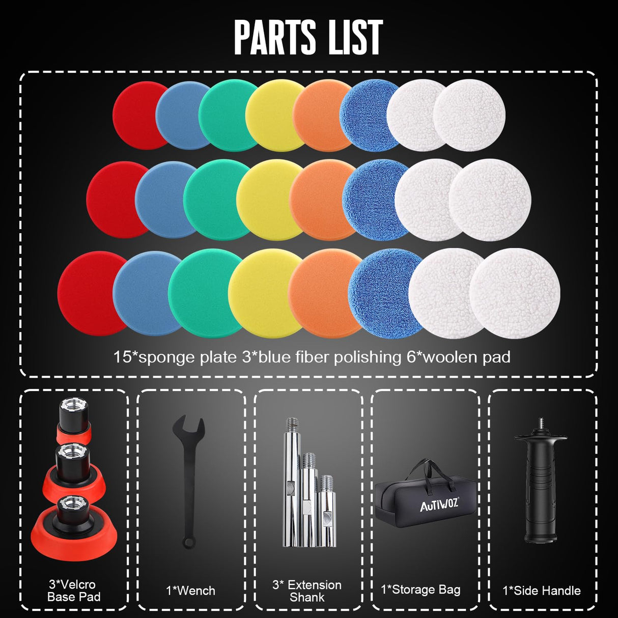 AUTIWOZ Mini Buffer Polisher 600W Rotary Polisher Machine, 6 Variable Speeds, Car Polisher with 33Pcs Polishing Kit, 75mm,100mm,140mm M14 Thread Extension Shaft for Car Detailing and Waxing AUTIWOZ