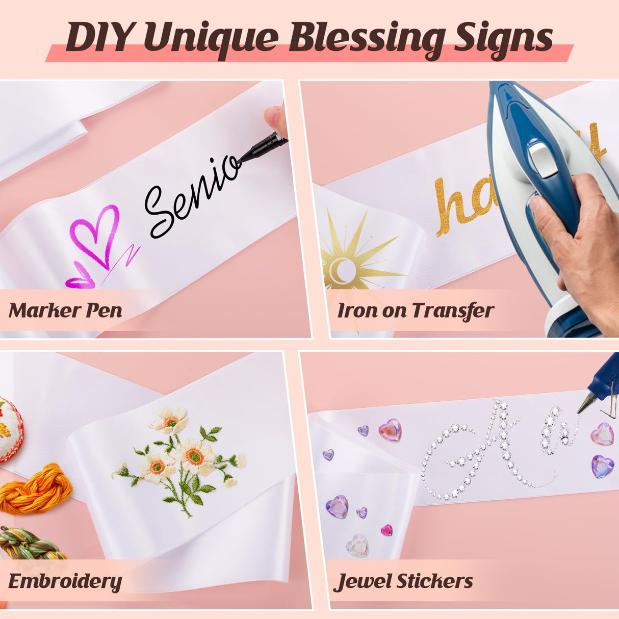 PAMASE Blank White Satin Sash - DIY Senior Bride Pageant Sashes with Safety Pins, Slogan Blessing Accessory for Birthdays, Weddings, Hen Parties 3 Pcs PAMASE