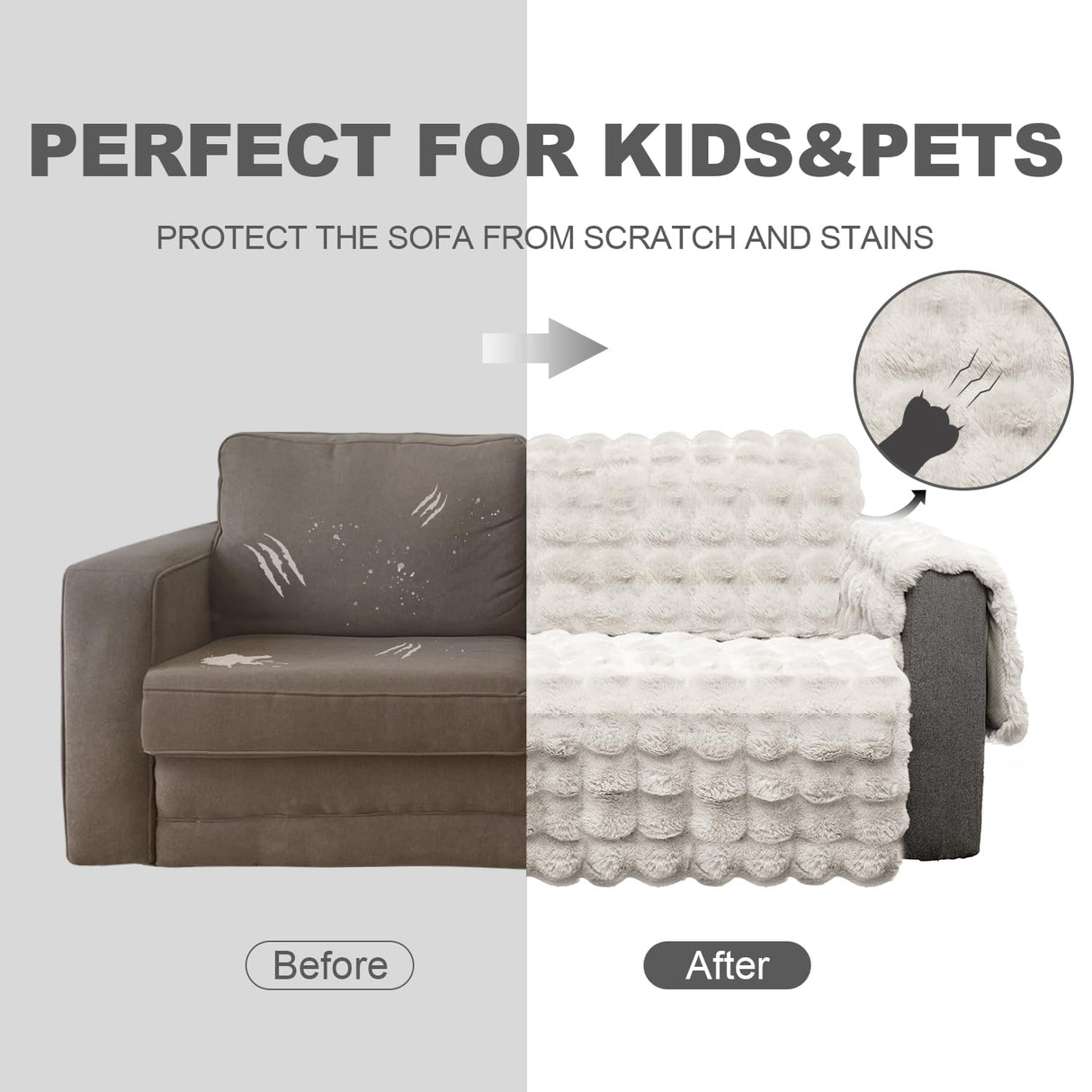 Snugglesinto Soft Faux Fur Sofa Cover Thick Shaggy Fuzzy Sectional Couch Cover Non-Slip Plush Sofa Slipcover Furniture Protector for Kids, Pets(Loveseat, White-Bubble) Snugglesinto