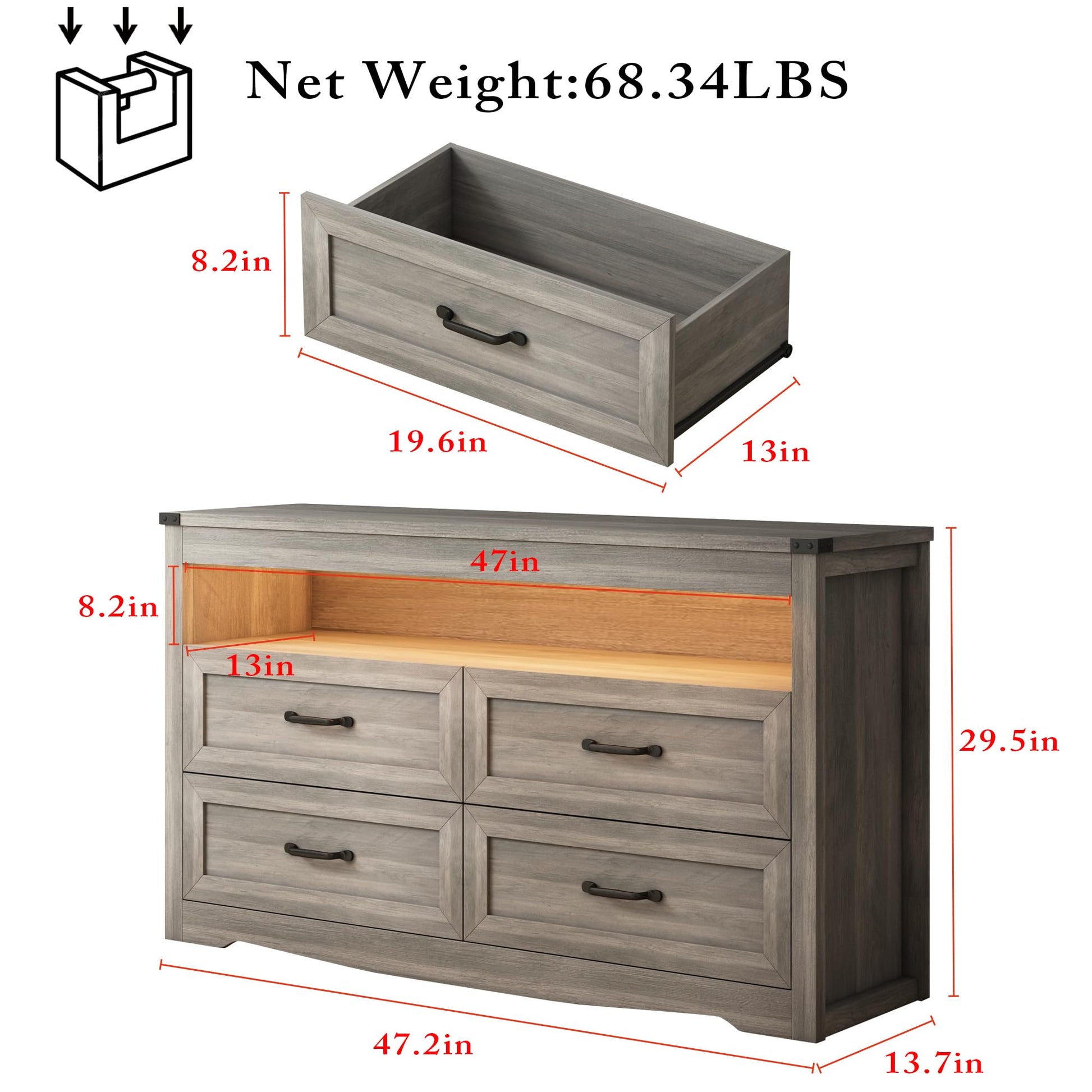 Wodeer 4 Drawer Dresser Chests with LED Light,Wide Chest of Drawers with Metal Handles,Wood Dresser for Storage and Organization for Bedroom,Living Room, Nursery,Hallway,Gray - WoodArtSupply