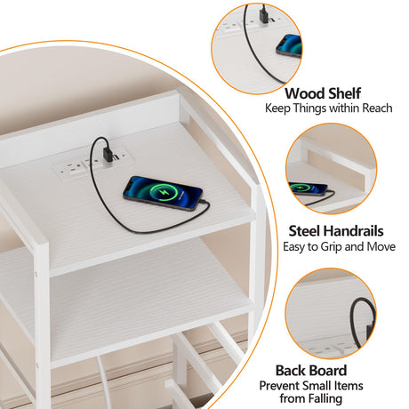 Furnulem White Nightstand with 5 Storage Drawer, Tall Dresser for Bedroom with Led Light and Charging Station, Side Table Nightstand for Closet, Fabric Bins, Metal Frame, Wood Shelf(White) Furnulem