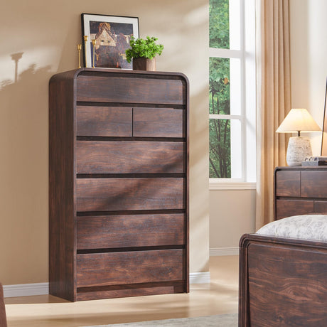 Aitjunz Modern 7 Drawers Dresser for Bedroom, 55" Tall Dressers & Chest of Drawers w/Curved Profile Design, Wood Mid Century Vertical Storage Dressers Organizer for Bedroom, Living Room, Brown Aitjunz
